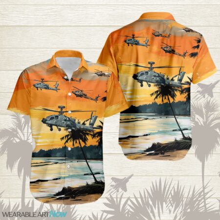 AH-64 Apache AirPlane Helicopter With Abstract palm Tropical background Free Hawaiian Shirt Product Photo 1