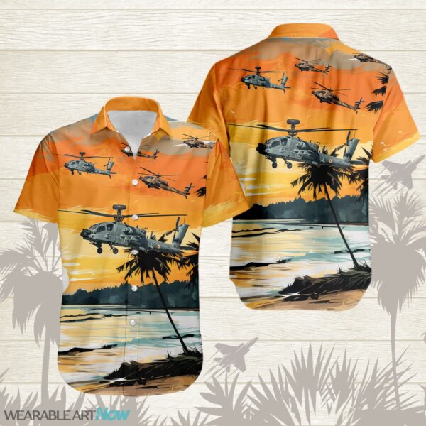 AH-64 Apache AirPlane Helicopter With Abstract palm Tropical background Free Hawaiian Shirt Product Photo 1