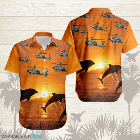AH-64 Apache Fighter Aircraft Dolphins jumping In The Sea At Sunset Hawaiian Shirt Product Photo 1