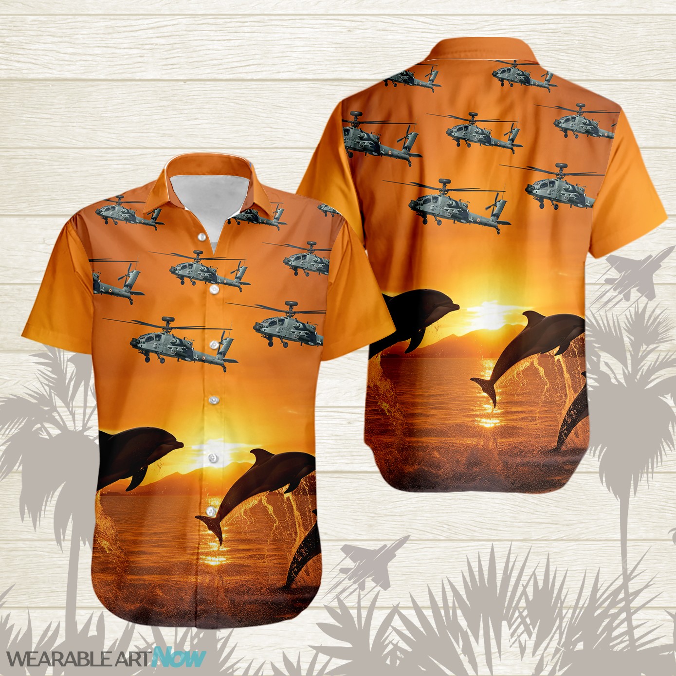 AH-64 Apache Fighter Aircraft Dolphins jumping In The Sea At Sunset Hawaiian Shirt Product Photo 1