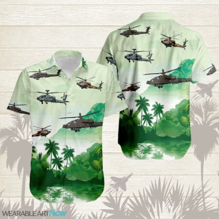 AH-64 Apache Military Helicopters Beautiful Landscape Warm Sunrise Over Mountain Ocean And Forest Hawaiian Shirt Product Photo 1