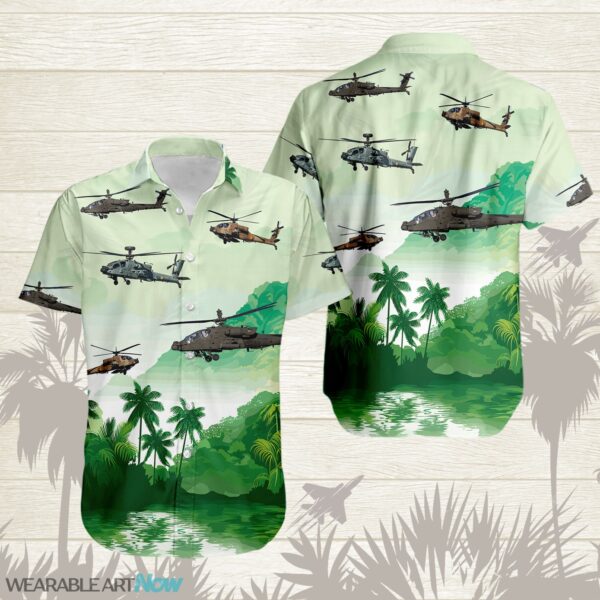AH-64 Apache Military Helicopters Beautiful Landscape Warm Sunrise Over Mountain Ocean And Forest Hawaiian Shirt Product Photo 1
