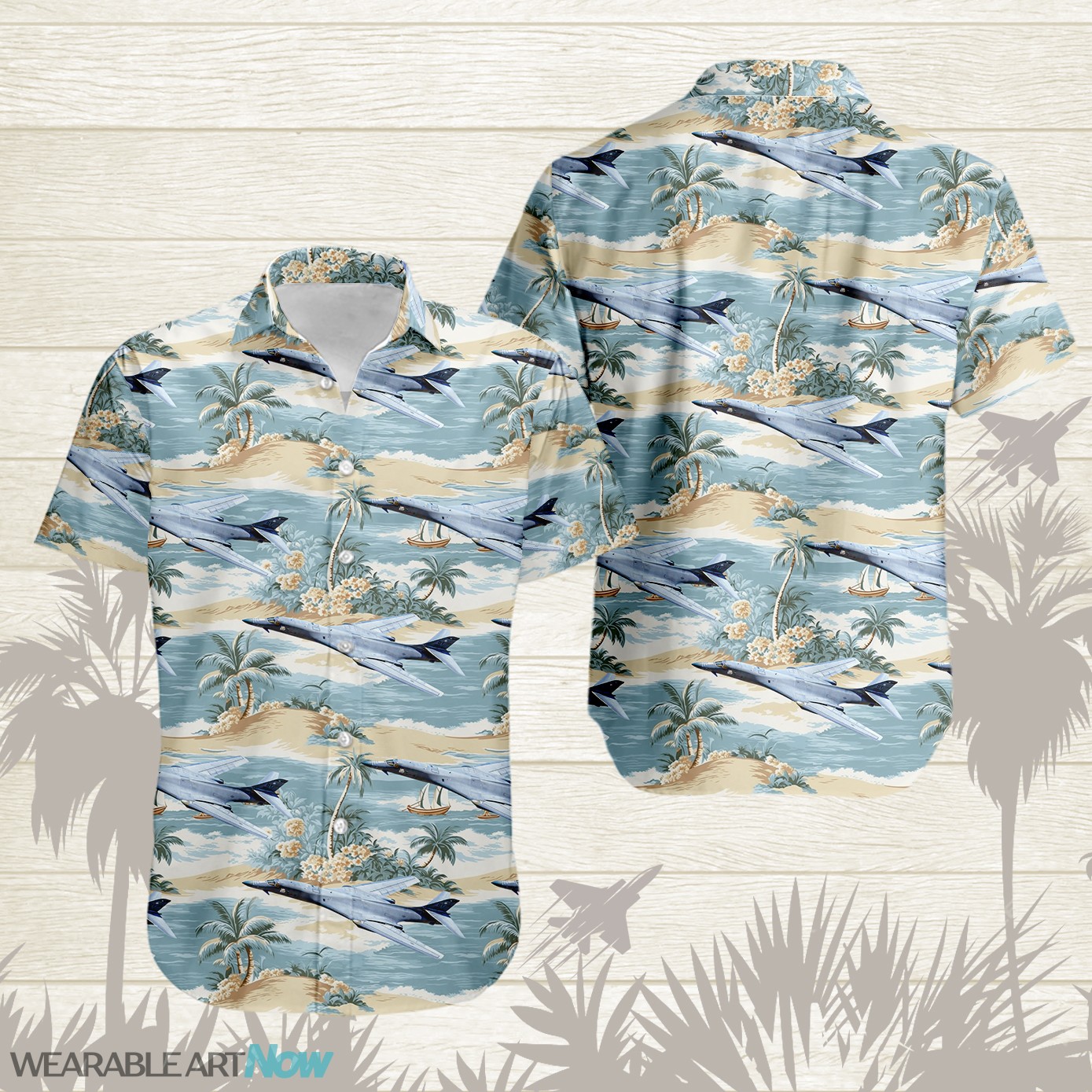 B-1B Lancer Aircraft Helicopter Beautiful Tropical Island With Palm Trees Pattern Hawaiian Shirt Product Photo 1
