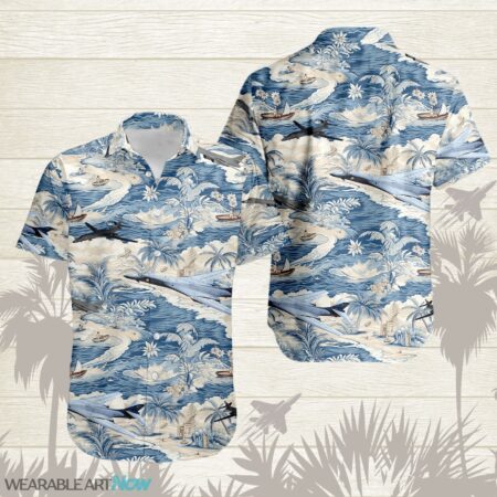 B-1B Lancer AirPlane Helicopter With A Boat And A Boat On The Water Hawaiian Shirt Product Photo 1