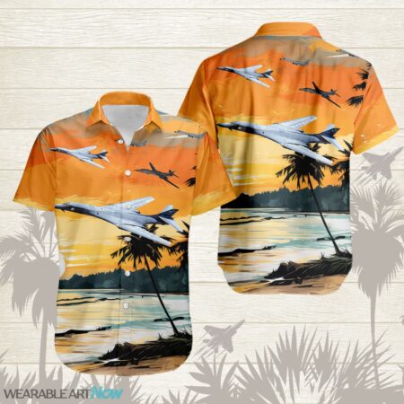 B-1B Lancer AirPlane Helicopter With Abstract palm Tropical background Free Hawaiian Shirt Product Photo 1