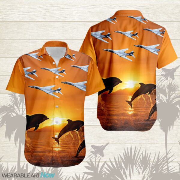 B-1B Lancer Fighter Aircraft Dolphins jumping In The Sea At Sunset Hawaiian Shirt Product Photo 1