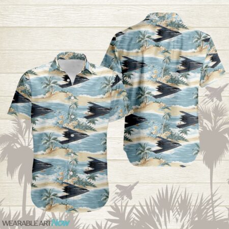 B-2 Spirit Aircraft Helicopter Beautiful Tropical Island With Palm Trees Pattern Hawaiian Shirt Product Photo 1