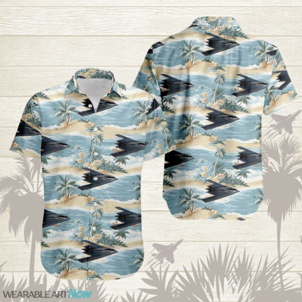 B-2 Spirit Aircraft Helicopter Beautiful Tropical Island With Palm Trees Pattern Hawaiian Shirt Product Photo 1