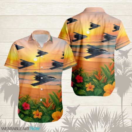 B-2 Spirit Beautiful Sunrise On The Beach Next To The Habicus Flower Hawaiian Shirt Product Photo 1