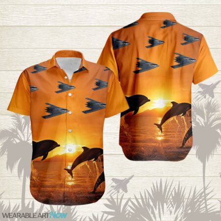 B-2 Spirit Fighter Aircraft Dolphins jumping In The Sea At Sunset Hawaiian Shirt Product Photo 1
