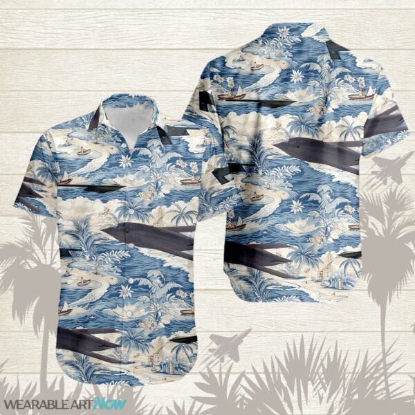B-21 Raider AirPlane Helicopter With A Boat And A Boat On The Water Hawaiian Shirt Product Photo 1
