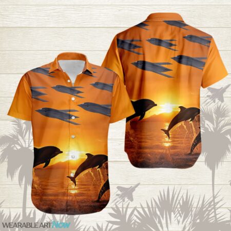 B-21 Raider Fighter Aircraft Dolphins jumping In The Sea At Sunset Hawaiian Shirt Product Photo 1