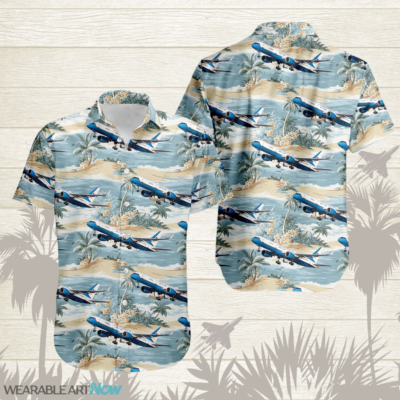 Boeing C-32 Aircraft Helicopter Beautiful Tropical Island With Palm Trees Pattern Hawaiian Shirt Product Photo 1