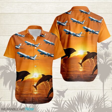 Boeing C-32 Fighter Aircraft Dolphins jumping In The Sea At Sunset Hawaiian Shirt Product Photo 1