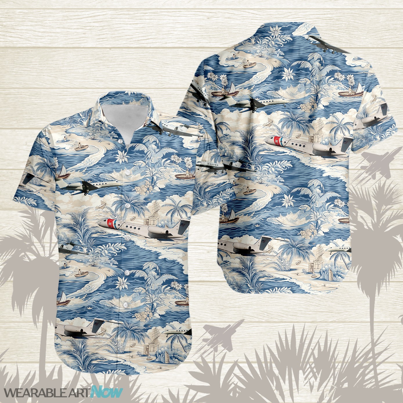 Boeing C-37 AirPlane Helicopter With A Boat And A Boat On The Water Hawaiian Shirt Product Photo 1