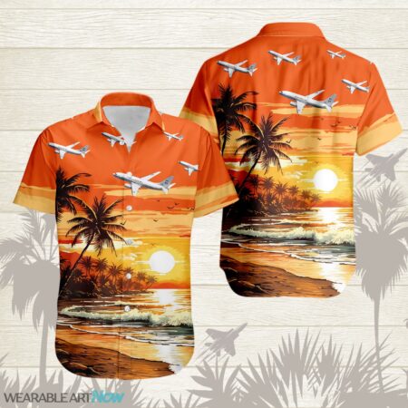 Boeing C-40 Aircraft Helicopter Beautiful Beach With The Sea And Palm Trees At Sunset Hawaiian Shirt Product Photo 1