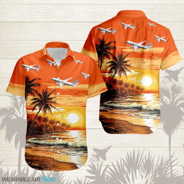 Boeing C-40 Aircraft Helicopter Beautiful Beach With The Sea And Palm Trees At Sunset Hawaiian Shirt Product Photo 1