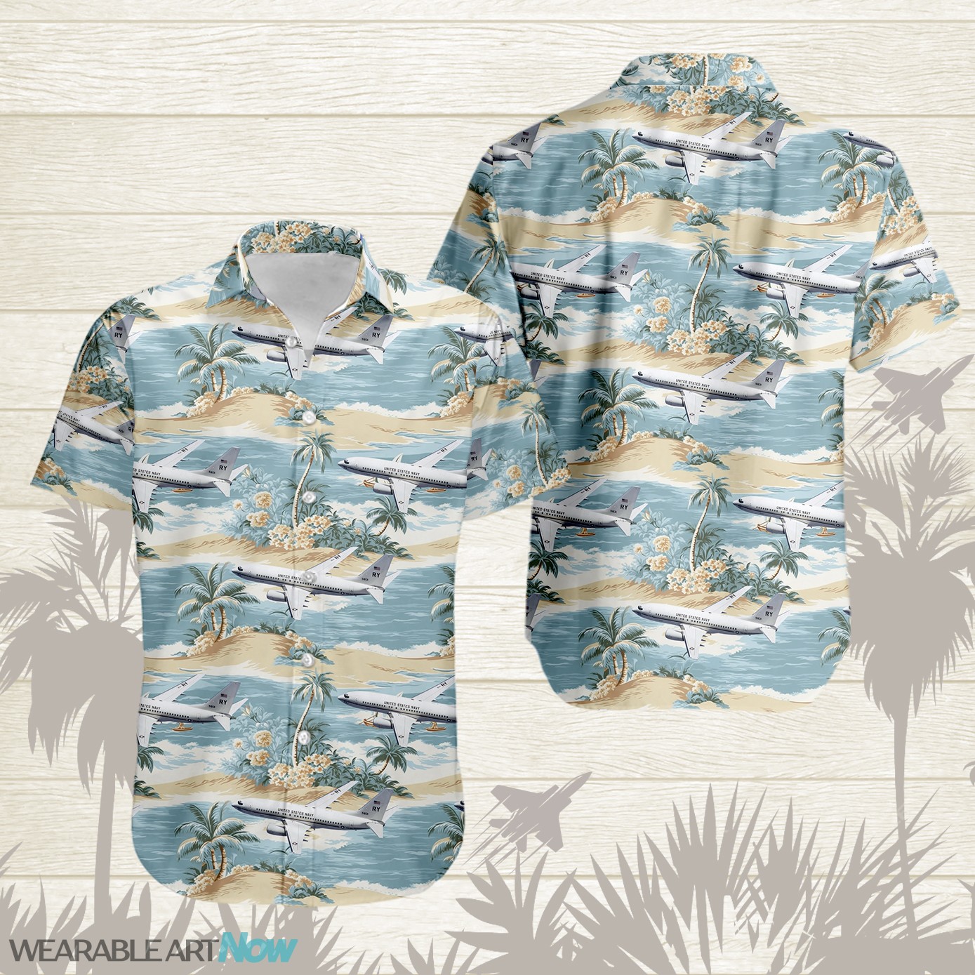 Boeing C-40 Aircraft Helicopter Beautiful Tropical Island With Palm Trees Pattern Hawaiian Shirt Product Photo 1