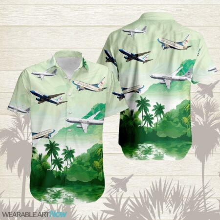 Boeing C-40 Airplane Helicopter Beautiful Landscape Warm Sunrise Over Mountain Ocean And Forest Hawaiian Shirt Product Photo 1