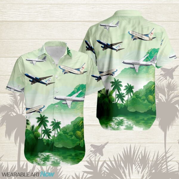 Boeing C-40 Airplane Helicopter Beautiful Landscape Warm Sunrise Over Mountain Ocean And Forest Hawaiian Shirt Product Photo 1