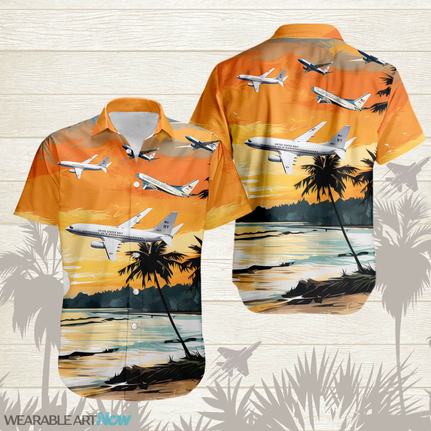 Boeing C-40 AirPlane Helicopter With Abstract palm Tropical background Free Hawaiian Shirt Product Photo 1