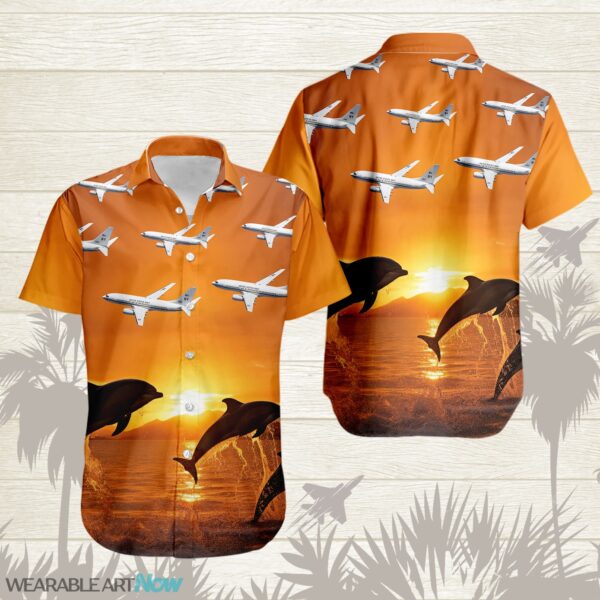 Boeing C-40 Fighter Aircraft Dolphins jumping In The Sea At Sunset Hawaiian Shirt Product Photo 1