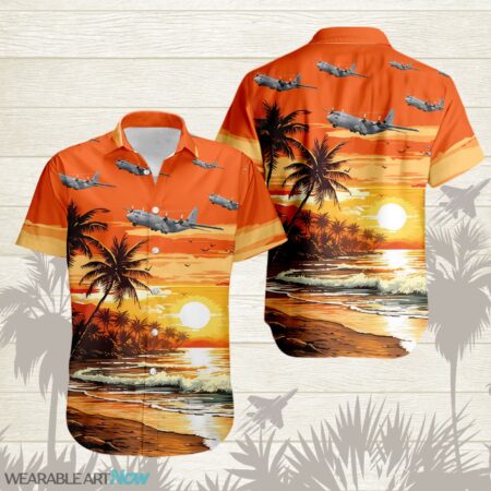 C-130 Hercules Aircraft Helicopter Beautiful Beach With The Sea And Palm Trees At Sunset Hawaiian Shirt Product Photo 1
