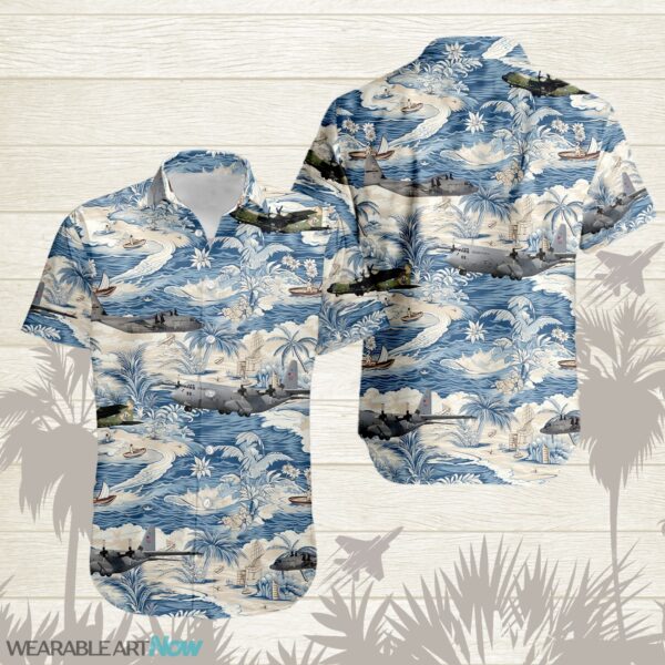 C-130 Hercules AirPlane Helicopter With A Boat And A Boat On The Water Hawaiian Shirt Product Photo 1