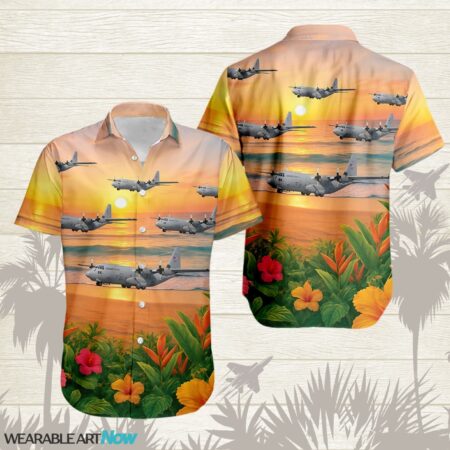 C-130 Hercules Beautiful Sunrise On The Beach Next To The Habicus Flower Hawaiian Shirt Product Photo 1