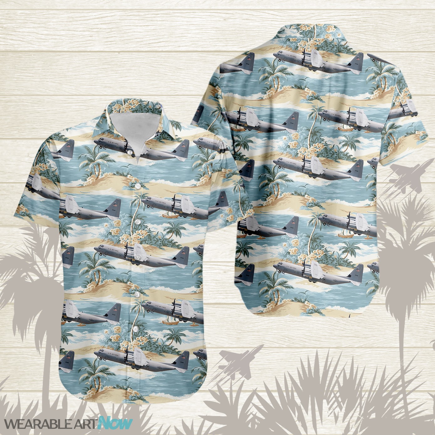 C-130J Super Hercules Aircraft Helicopter Beautiful Tropical Island With Palm Trees Pattern Hawaiian Shirt Product Photo 1