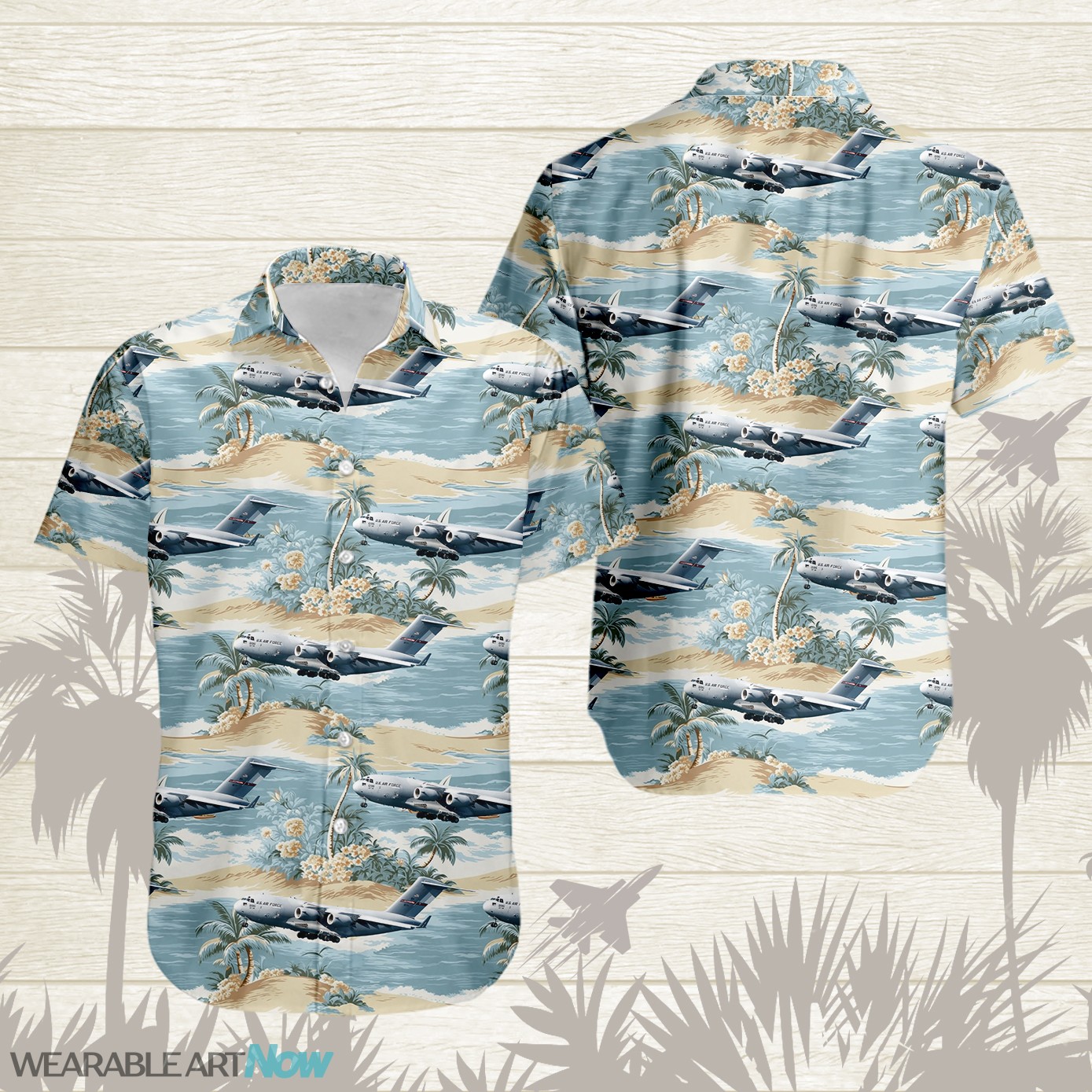 C-17 Globemaster III Aircraft Helicopter Beautiful Tropical Island With Palm Trees Pattern Hawaiian Shirt Product Photo 1