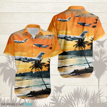 C-17 Globemaster III AirPlane Helicopter With Abstract palm Tropical background Free Hawaiian Shirt Product Photo 1