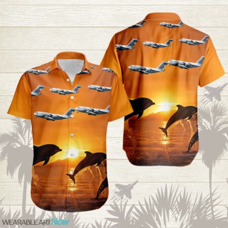 C-17 Globemaster III Fighter Aircraft Dolphins jumping In The Sea At Sunset Hawaiian Shirt Product Photo 1