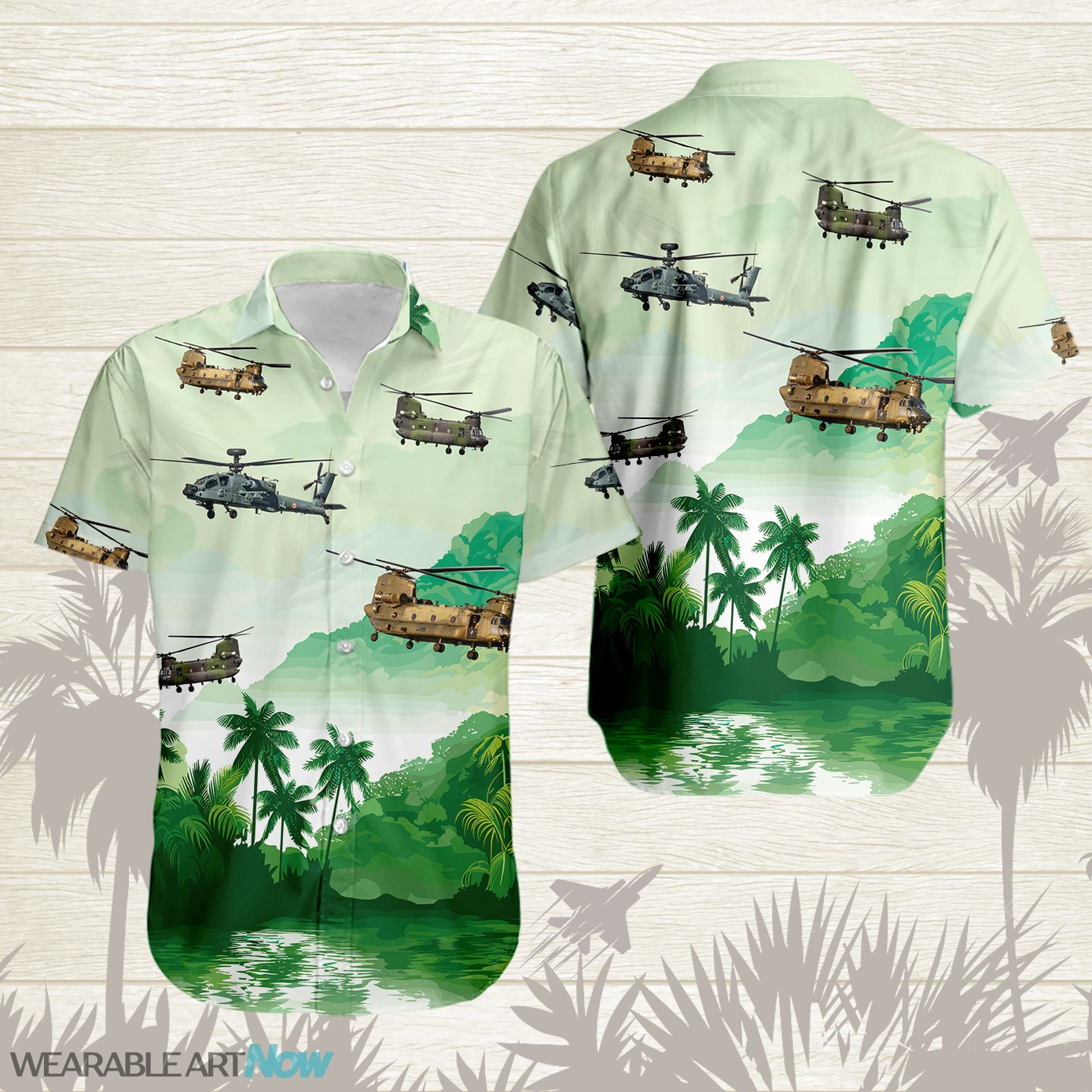 CH-47 Chinook Military Helicopters Beautiful Landscape Warm Sunrise Over Mountain Ocean And Forest Hawaiian Shirt Product Photo 1