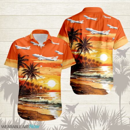 E-4B Nightwatch Aircraft Helicopter Beautiful Beach With The Sea And Palm Trees At Sunset Hawaiian Shirt Product Photo 1