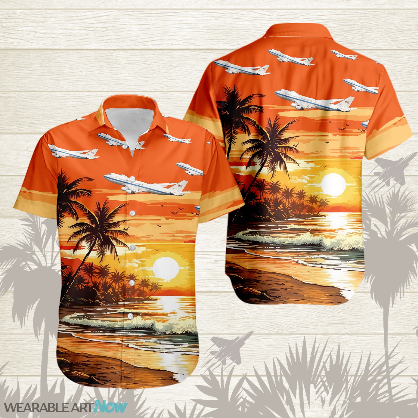 E-4B Nightwatch Aircraft Helicopter Beautiful Beach With The Sea And Palm Trees At Sunset Hawaiian Shirt Product Photo 1