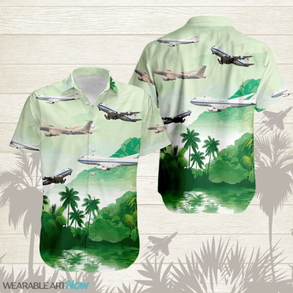 E-4B Nightwatch Airplane Helicopter Beautiful Landscape Warm Sunrise Over Mountain Ocean And Forest Hawaiian Shirt Product Photo 1