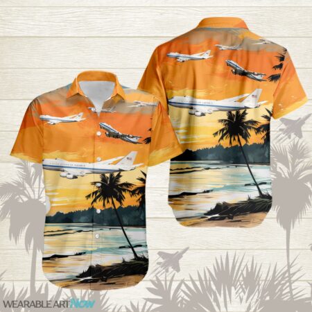 E-4B Nightwatch AirPlane Helicopter With Abstract palm Tropical background Free Hawaiian Shirt Product Photo 1