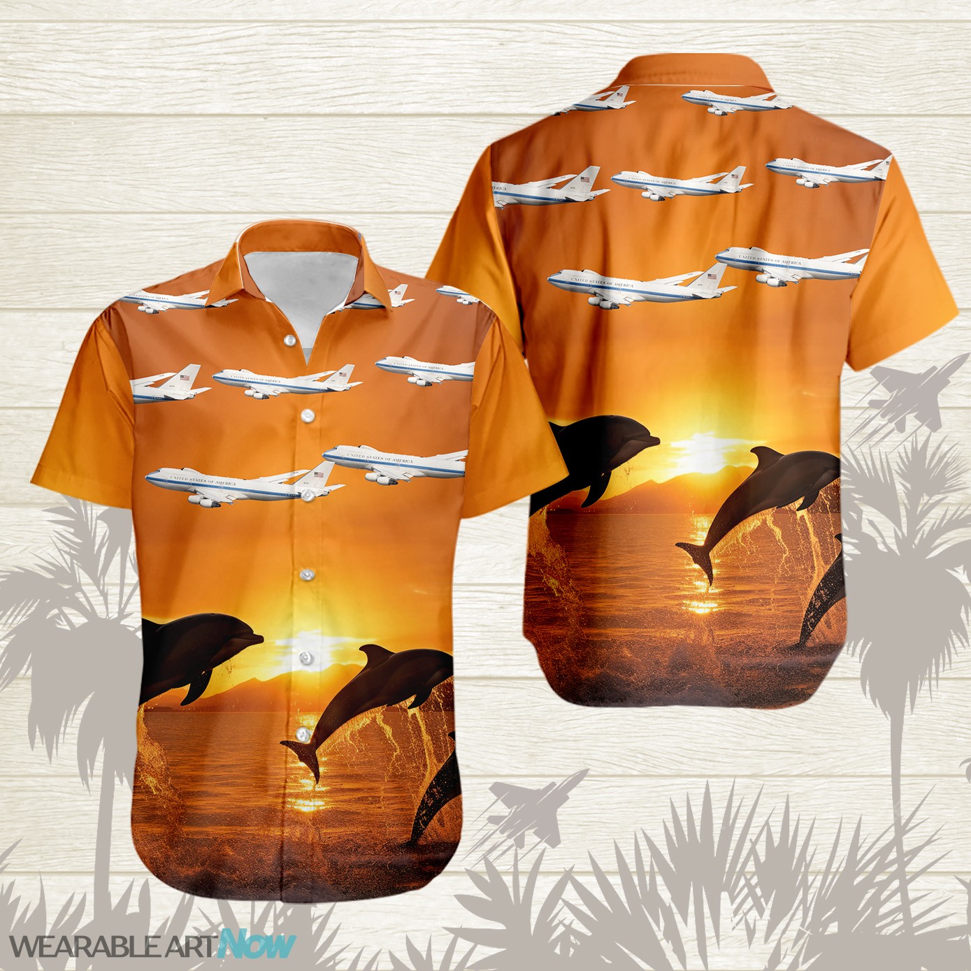 E-4B Nightwatch Fighter Aircraft Dolphins jumping In The Sea At Sunset Hawaiian Shirt Product Photo 1