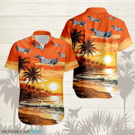 F-15 Eagle Aircraft Helicopter Beautiful Beach With The Sea And Palm Trees At Sunset Hawaiian Shirt Product Photo 1