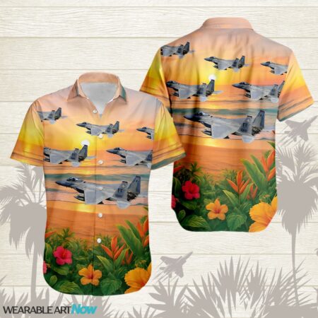 F-15 Eagle Beautiful Sunrise On The Beach Next To The Habicus Flower Hawaiian Shirt Product Photo 1