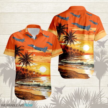 F-15EX Strike Eagle Aircraft Helicopter Beautiful Beach With The Sea And Palm Trees At Sunset Hawaiian Shirt Product Photo 1