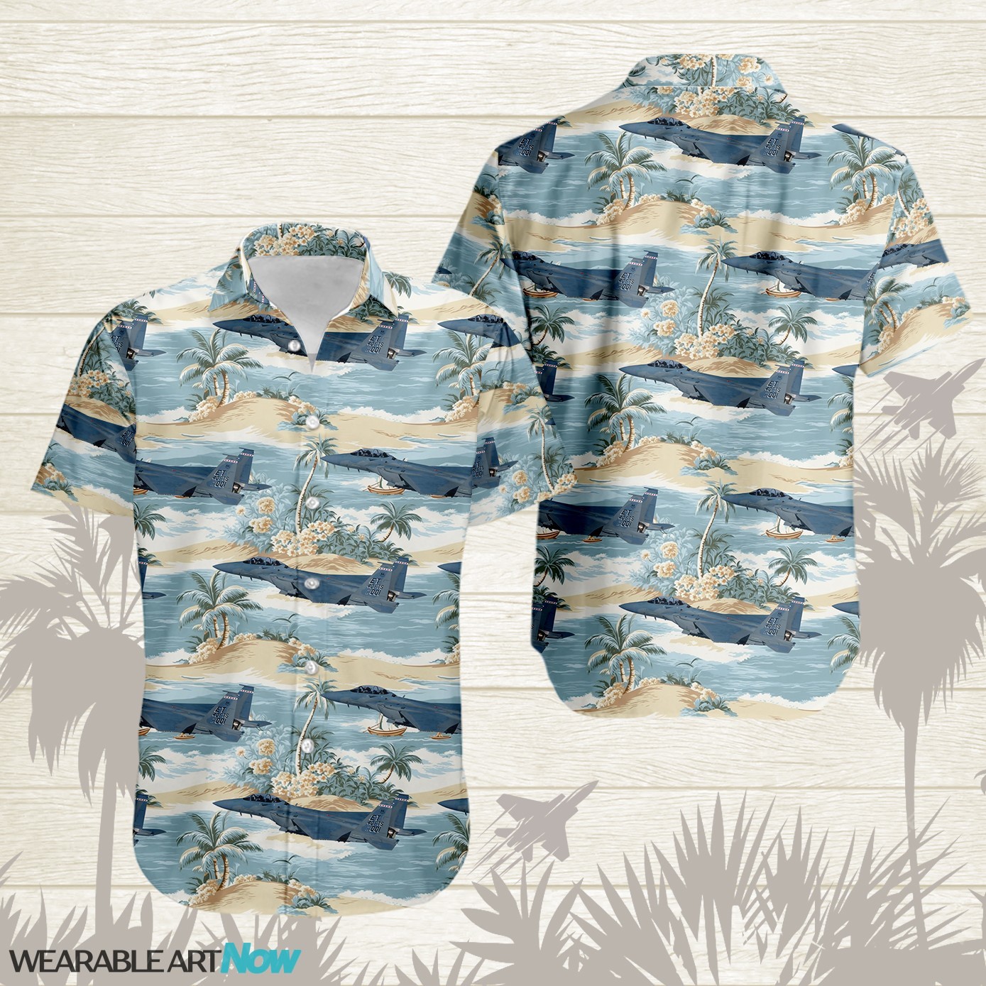 F-15EX Strike Eagle Aircraft Helicopter Beautiful Tropical Island With Palm Trees Pattern Hawaiian Shirt Product Photo 1
