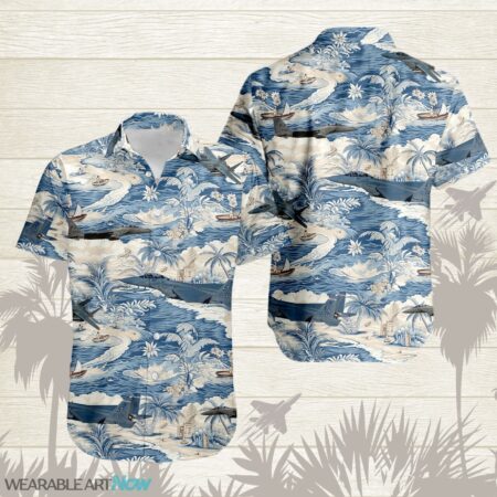 F-15EX Strike Eagle AirPlane Helicopter With A Boat And A Boat On The Water Hawaiian Shirt Product Photo 1