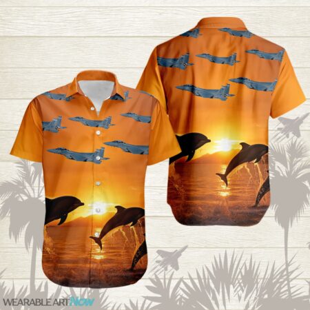 F-15EX Strike Eagle Fighter Aircraft Dolphins jumping In The Sea At Sunset Hawaiian Shirt Product Photo 1