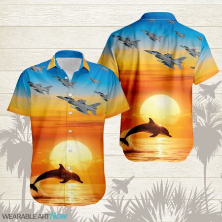 F-16 Fighting Falcons Aircraft Helicopter Beautiful A dolphin jumping Above The Water With A Sunset Hawaiian Shirt Product Photo 1