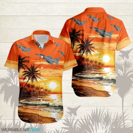 F-16 Fighting Falcons Aircraft Helicopter Beautiful Beach With The Sea And Palm Trees At Sunset Hawaiian Shirt Product Photo 1