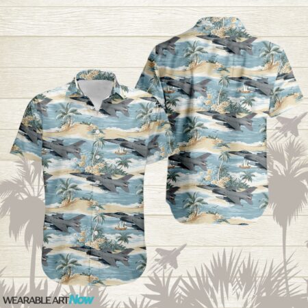 F-16 Fighting Falcons Aircraft Helicopter Beautiful Tropical Island With Palm Trees Pattern Hawaiian Shirt Product Photo 1