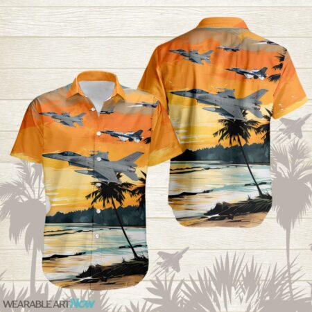 F-16 Fighting Falcons AirPlane Helicopter With Abstract palm Tropical background Free Hawaiian Shirt Product Photo 1