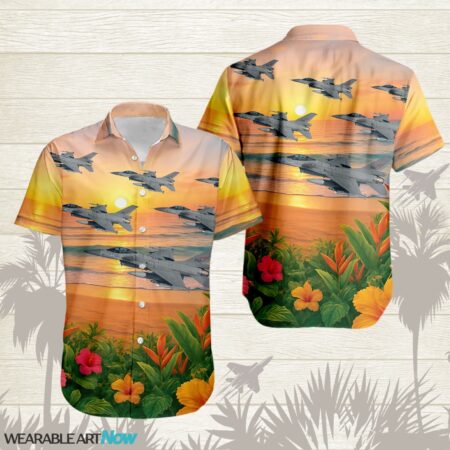 F-16 Fighting Falcons Beautiful Sunrise On The Beach Next To The Habicus Flower Hawaiian Shirt Product Photo 1